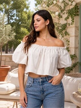 Zara Off Shoulder Crop Top White Puff Sleeve Women’s XS Boho Summer Cottagecore